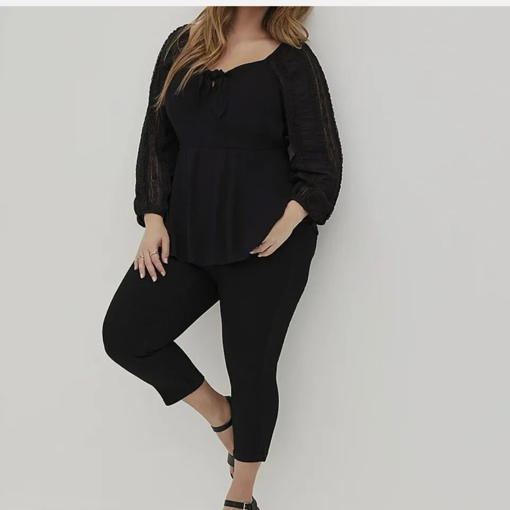 Torrid Black Tie Front Peplum Blouse Gauze Lace Sleeve - Picture 9 of 11